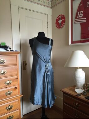 Sleeveless One-Shoulder Slate Blue Satin Dress with Rosette Detail